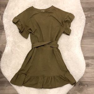 Military green dress with ruffles and waist belt